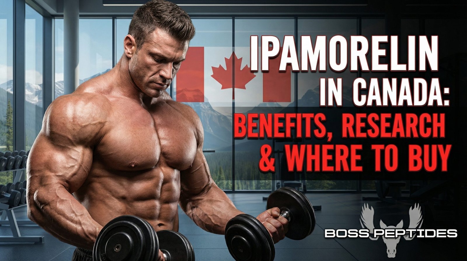 Ipamorelin in Canada - benefits, research and where to buy, featuring a muscular man lifting dumbbells in a gym with the Canadian flag and Rocky Mountains in the background