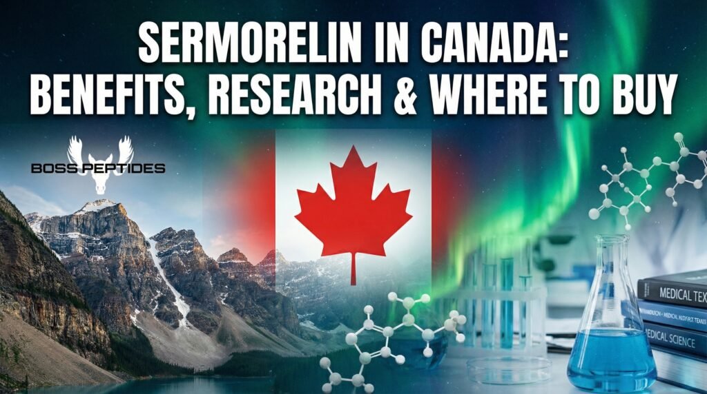 Sermorelin in Canada - benefits, research and where to buy, featuring the Canadian flag, northern lights, mountains, and lab equipment
