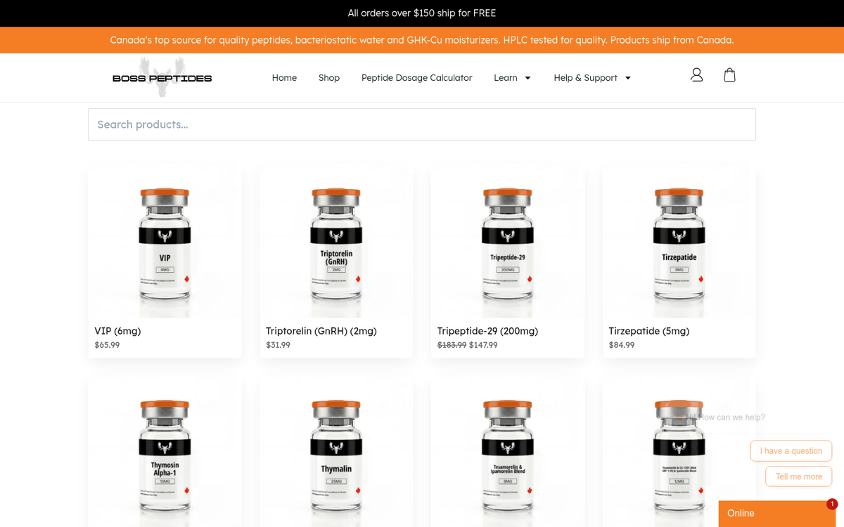 Boss Peptides catalog view showing Retatrutide