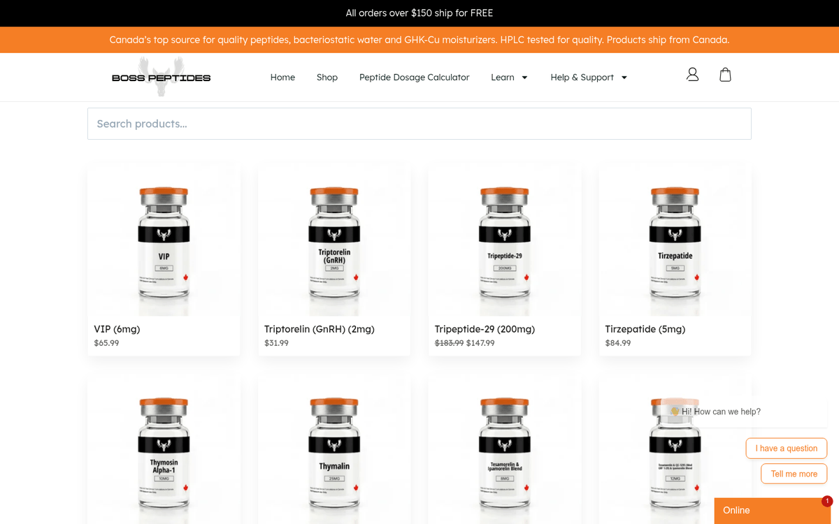 Boss Peptides catalog view showing Tirzepatide