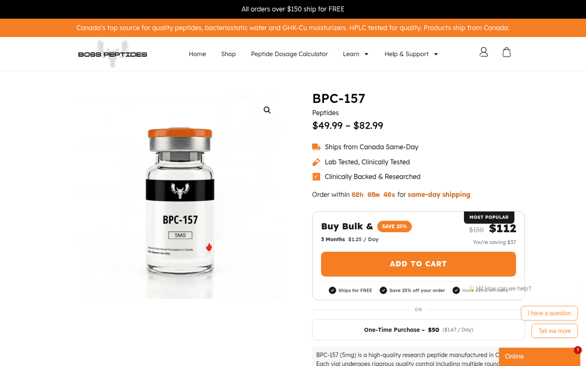 Screenshot of BPC-157 product page on Boss Peptides